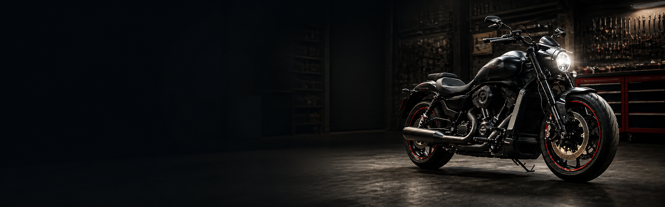 Atölye ortamında siyah cruiser motosiklet